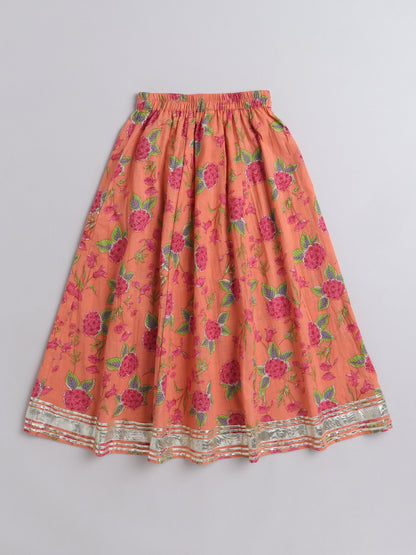 Half Sleeves Floral  Motif Printed &  Gota Lace Embellished With Tassel Detailed Choli & Lehenga With  Dupatta Set - Peach
