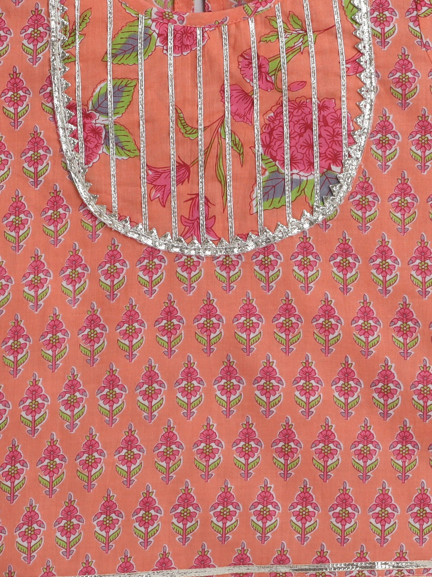 Half Sleeves Floral  Motif Printed &  Gota Lace Embellished With Tassel Detailed Choli & Lehenga With  Dupatta Set - Peach