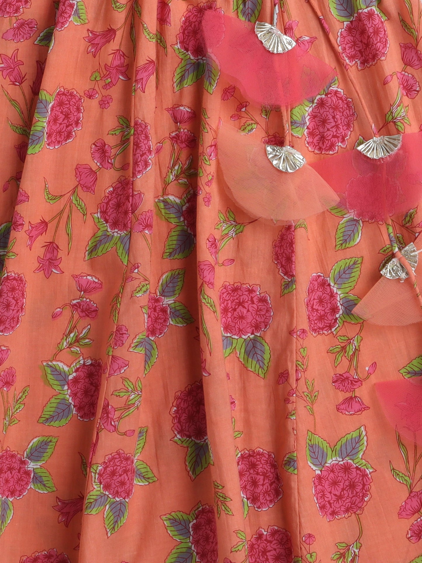 Half Sleeves Floral  Motif Printed &  Gota Lace Embellished With Tassel Detailed Choli & Lehenga With  Dupatta Set - Peach