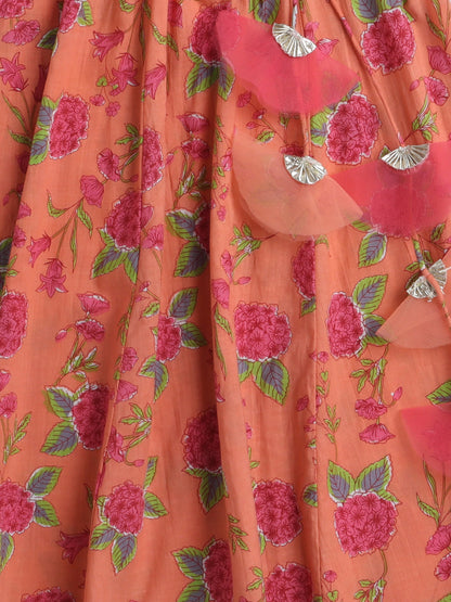 Half Sleeves Floral  Motif Printed &  Gota Lace Embellished With Tassel Detailed Choli & Lehenga With  Dupatta Set - Peach