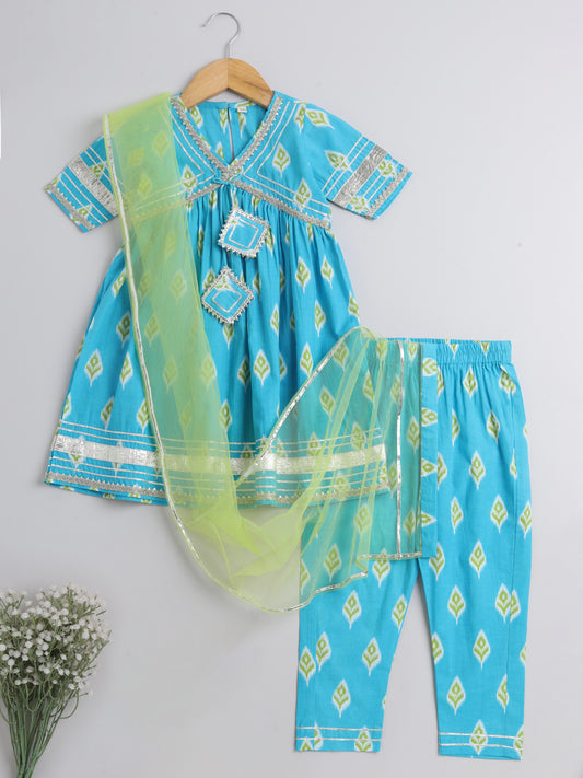 Ikat Printed Short Sleeve Tassled Gathered Aliya Cut Kurta with Straight Pants With Dupatta-Blue