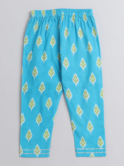 Ikat Printed Short Sleeve Tassled Gathered Aliya Cut Kurta with Straight Pants With Dupatta-Blue