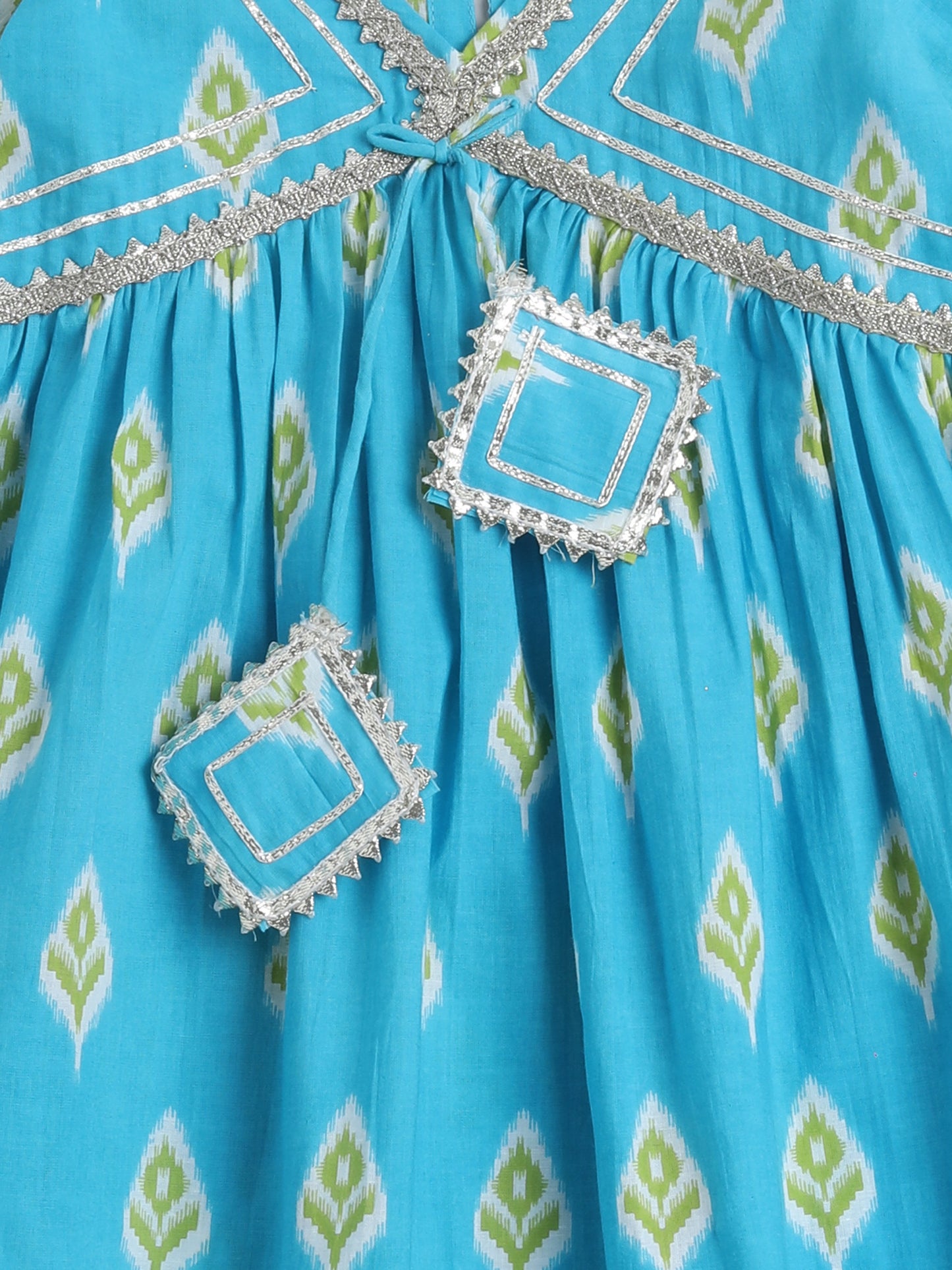 Ikat Printed Short Sleeve Tassled Gathered Aliya Cut Kurta with Straight Pants With Dupatta-Blue
