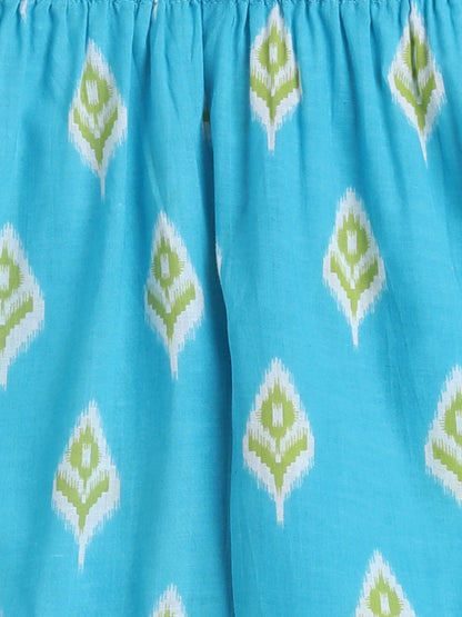 Ikat Printed Short Sleeve Tassled Gathered Aliya Cut Kurta with Straight Pants With Dupatta-Blue