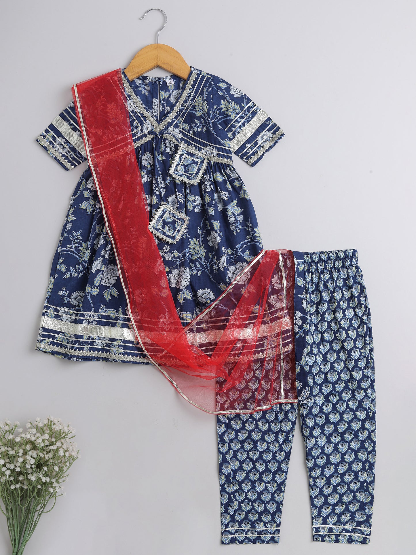Ikat Printed Short Sleeve Tassled Gathered Aliya Cut Kurta with Straight Pants With Dupatta-Navy