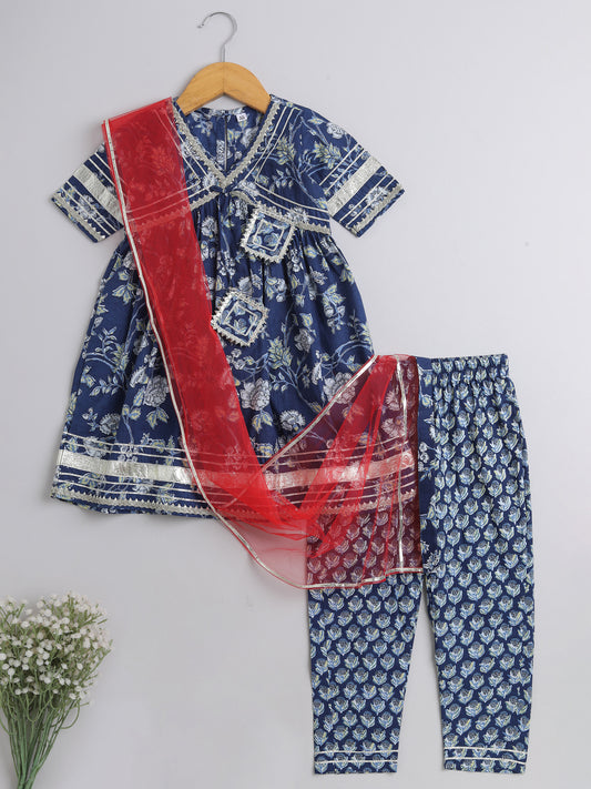 Ikat Printed Short Sleeve Tassled Gathered Aliya Cut Kurta with Straight Pants With Dupatta-Navy