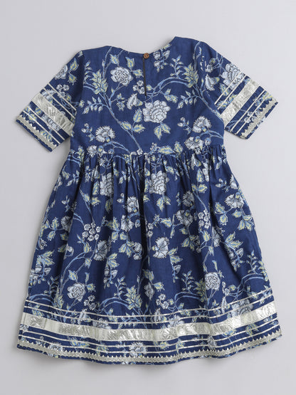 Ikat Printed Short Sleeve Tassled Gathered Aliya Cut Kurta with Straight Pants With Dupatta-Navy