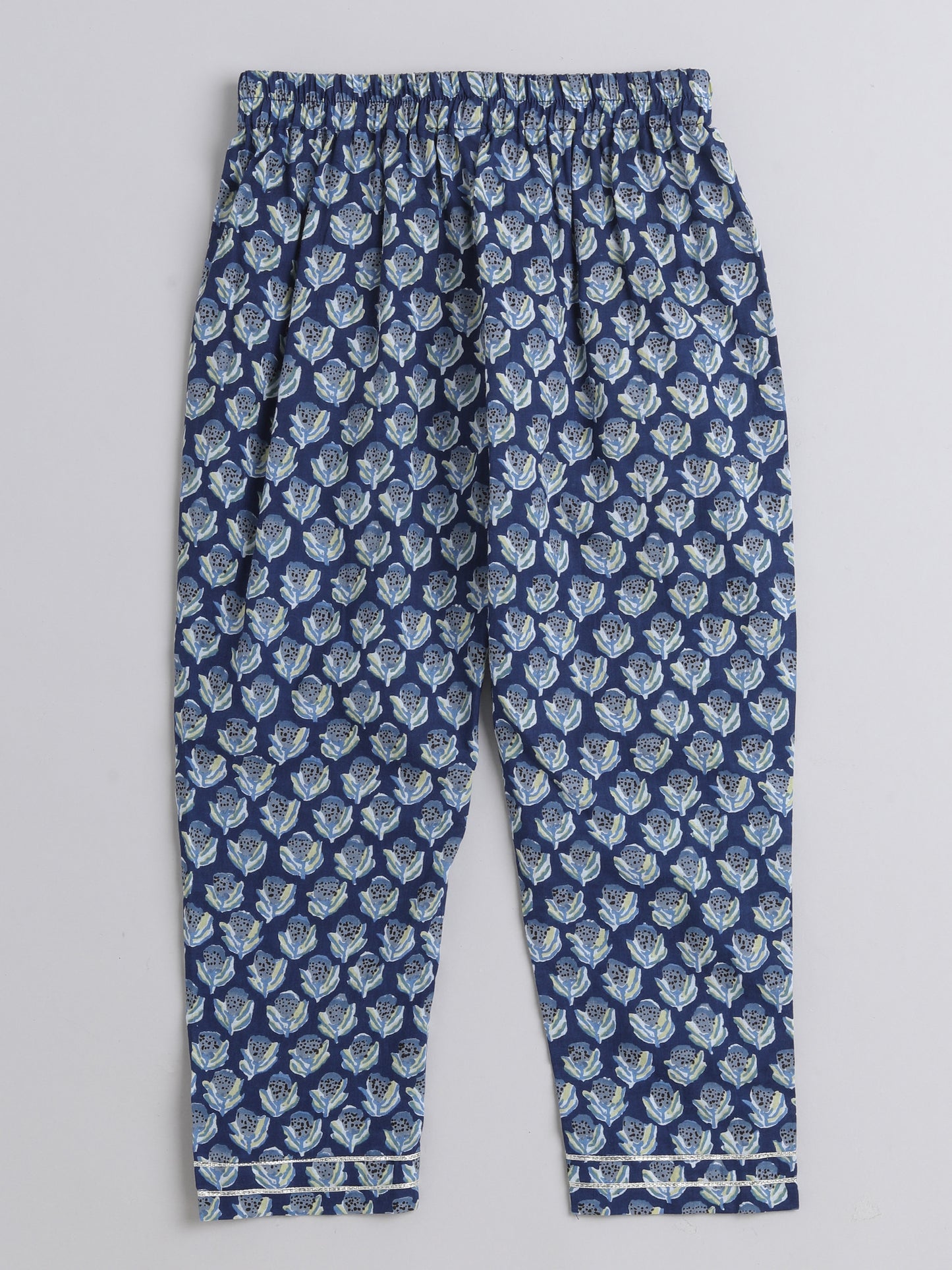 Ikat Printed Short Sleeve Tassled Gathered Aliya Cut Kurta with Straight Pants With Dupatta-Navy