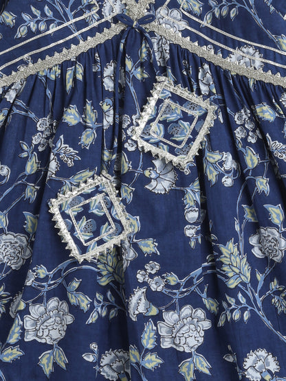 Ikat Printed Short Sleeve Tassled Gathered Aliya Cut Kurta with Straight Pants With Dupatta-Navy