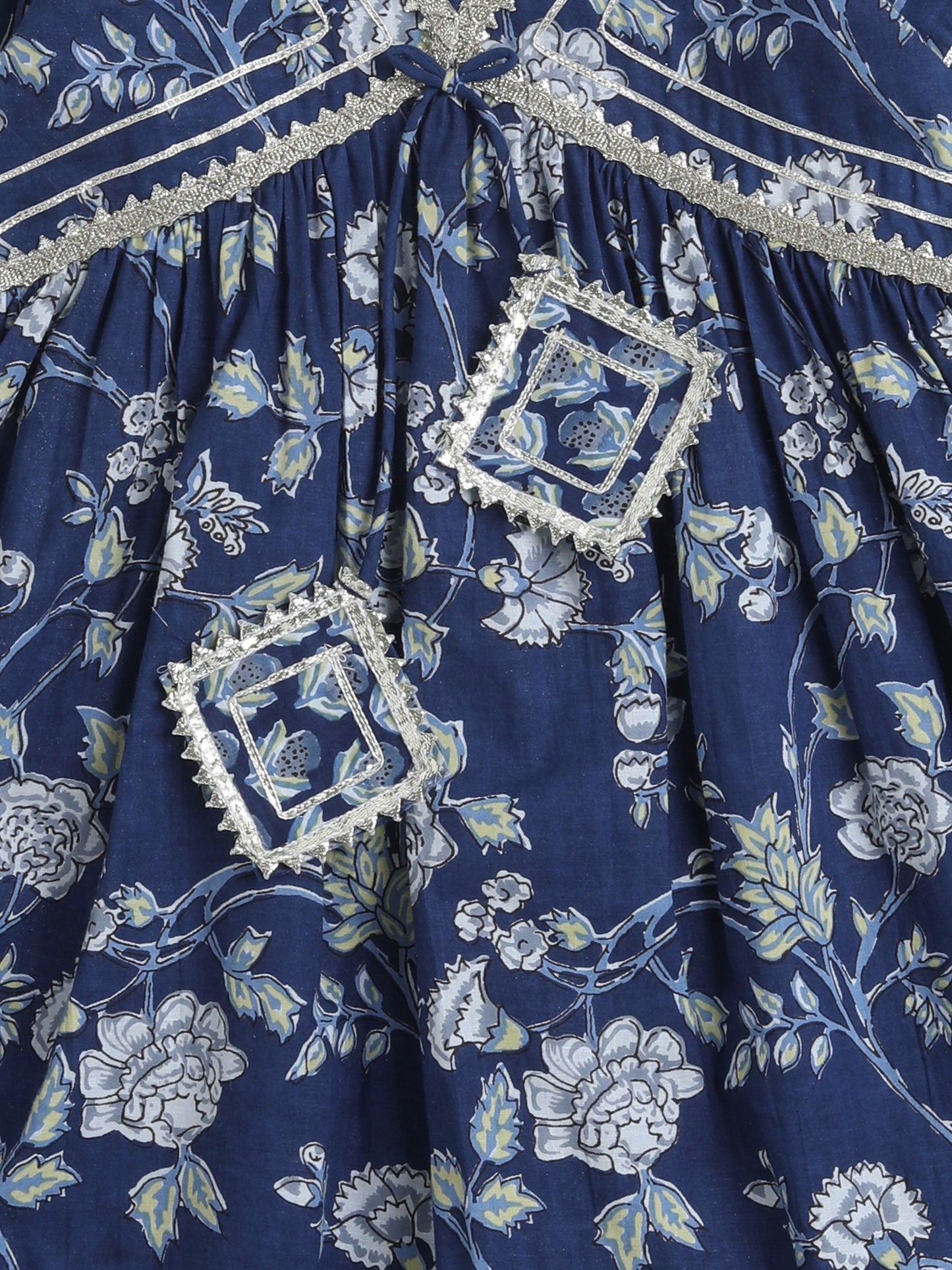 Half Sleeves Seamless Floral Printed & Gota Lace Embellished Kurta & Pant Set - Navy Blue