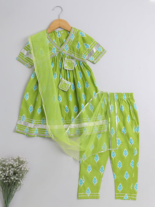 Ikat Printed Elbow Sleeves Tassled Gathered Aliya Cut Kurta with Straight Pants With Dupatta-Green