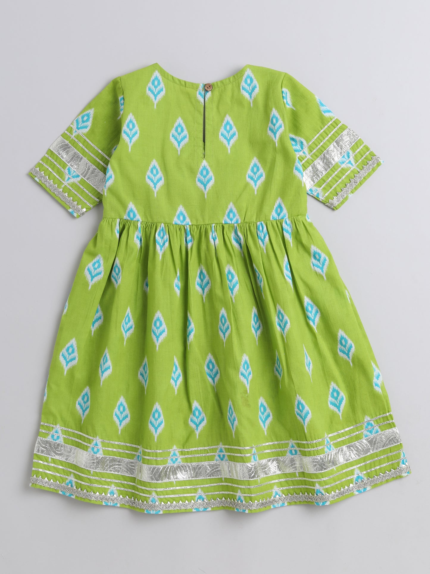 Ikat Printed Elbow Sleeves Tassled Gathered Aliya Cut Kurta with Straight Pants With Dupatta-Green