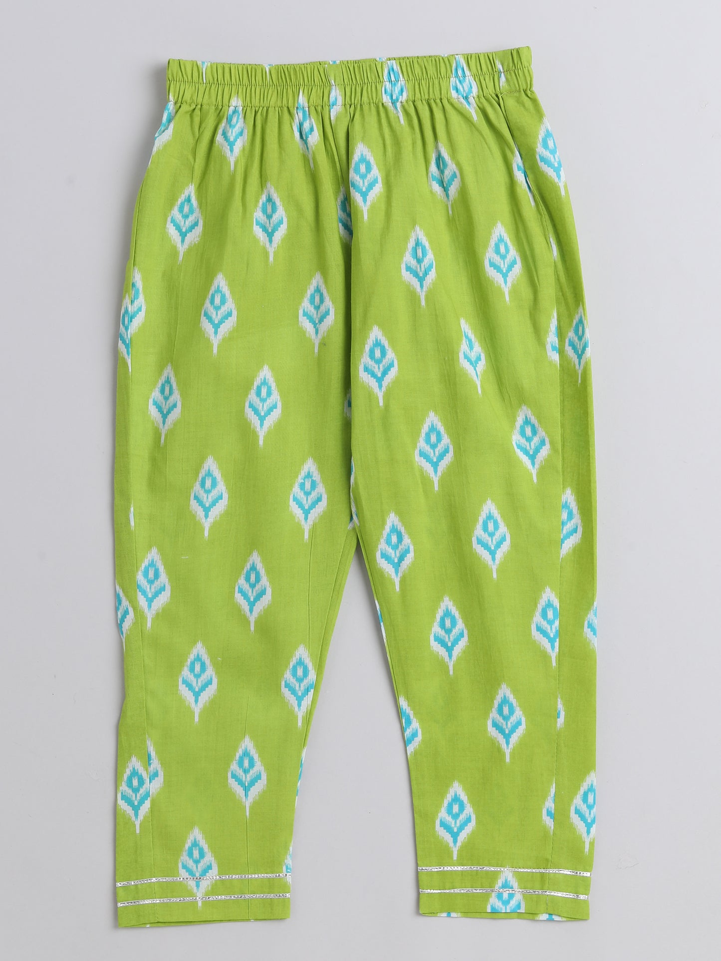 Ikat Printed Elbow Sleeves Tassled Gathered Aliya Cut Kurta with Straight Pants With Dupatta-Green