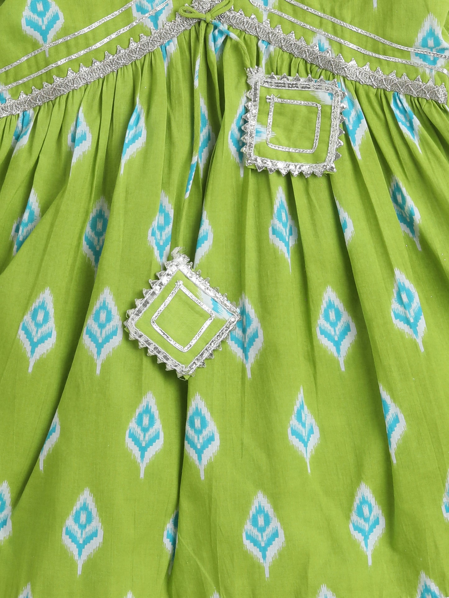 Ikat Printed Elbow Sleeves Tassled Gathered Aliya Cut Kurta with Straight Pants With Dupatta-Green