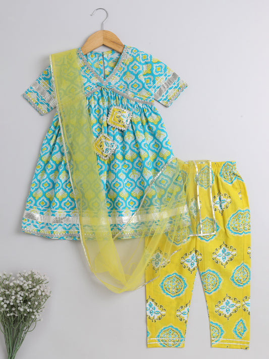 Ikat Printed Short Sleeve Tassled Gathered Aliya Cut Kurta with Straight Pants With Dupatta-Turquoise