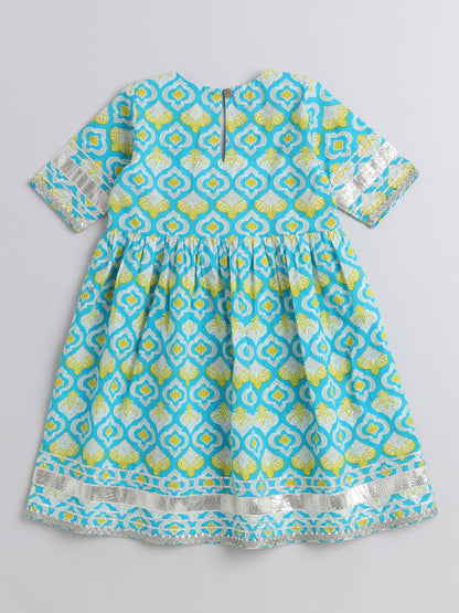 Ikat Printed Short Sleeve Tassled Gathered Aliya Cut Kurta with Straight Pants With Dupatta-Turquoise