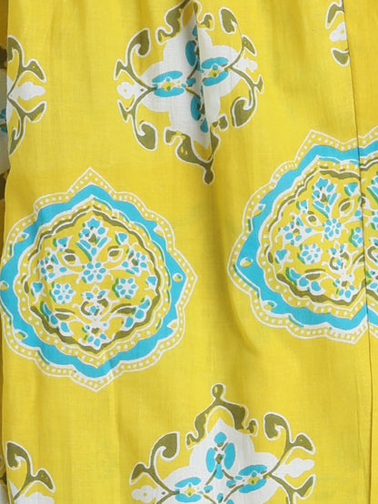 Ikat Printed Short Sleeve Tassled Gathered Aliya Cut Kurta with Straight Pants With Dupatta-Turquoise