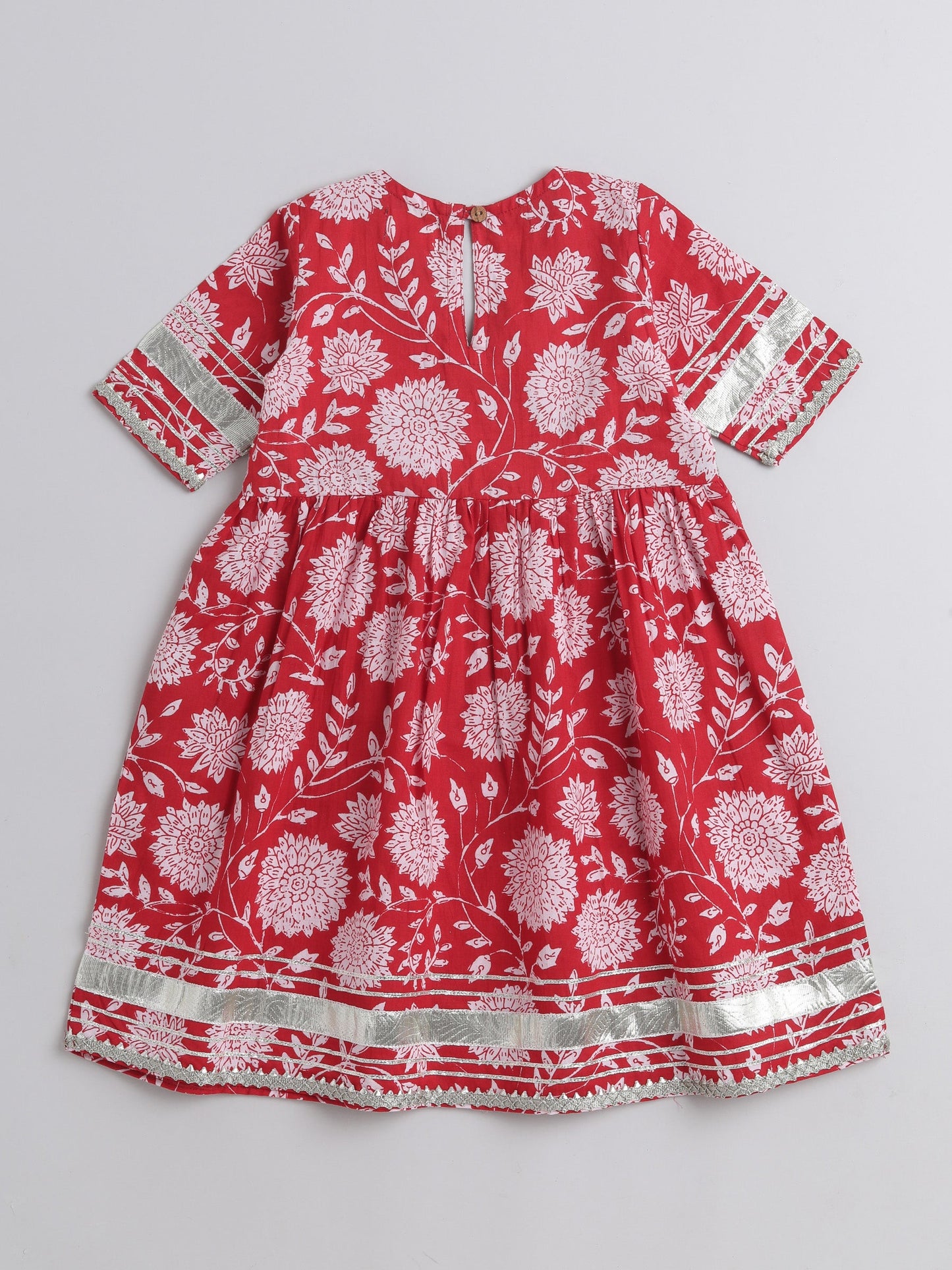 Half Sleeves Seamless Floral Printed & Gota Lace Embellished Kurta With Chevron Designed Pant & Dupatta - Red