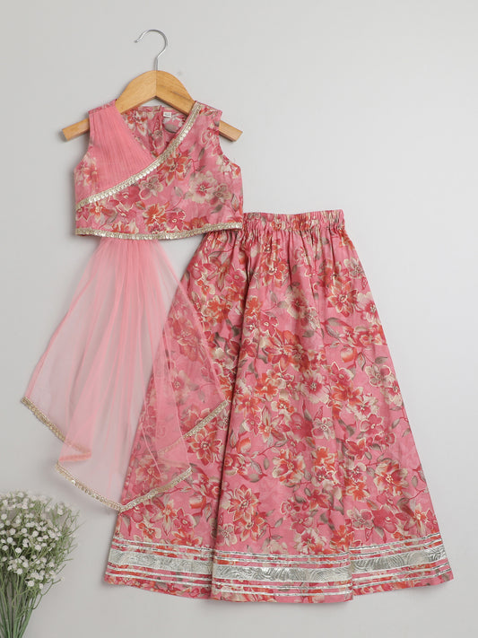 The Magic Wand Modal Chanderi Foil Printed Sleeveless Laced Choli With Attached Dupatta Lehenga Set Onion Pink