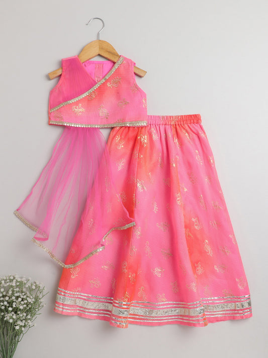 The Magic Wand Kota Doriya Foil Printed Sleeveless Laced Choli With Attached Dupatta Lehenga Set For Girls Pink