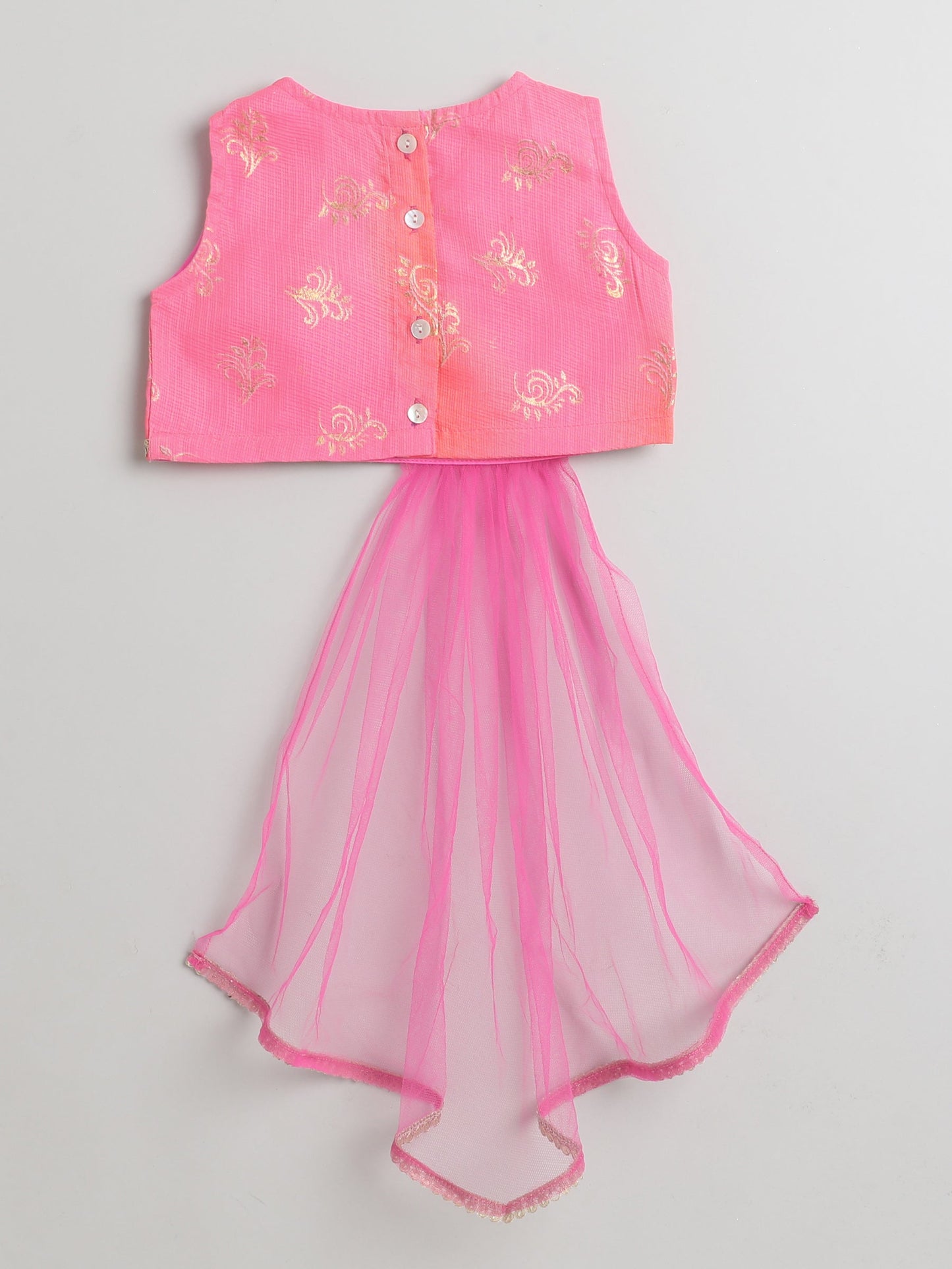 The Magic Wand Kota Doriya Foil Printed Sleeveless Laced Choli With Attached Dupatta Lehenga Set For Girls Pink