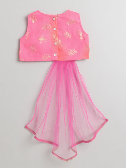 The Magic Wand Kota Doriya Foil Printed Sleeveless Laced Choli With Attached Dupatta Lehenga Set For Girls Pink