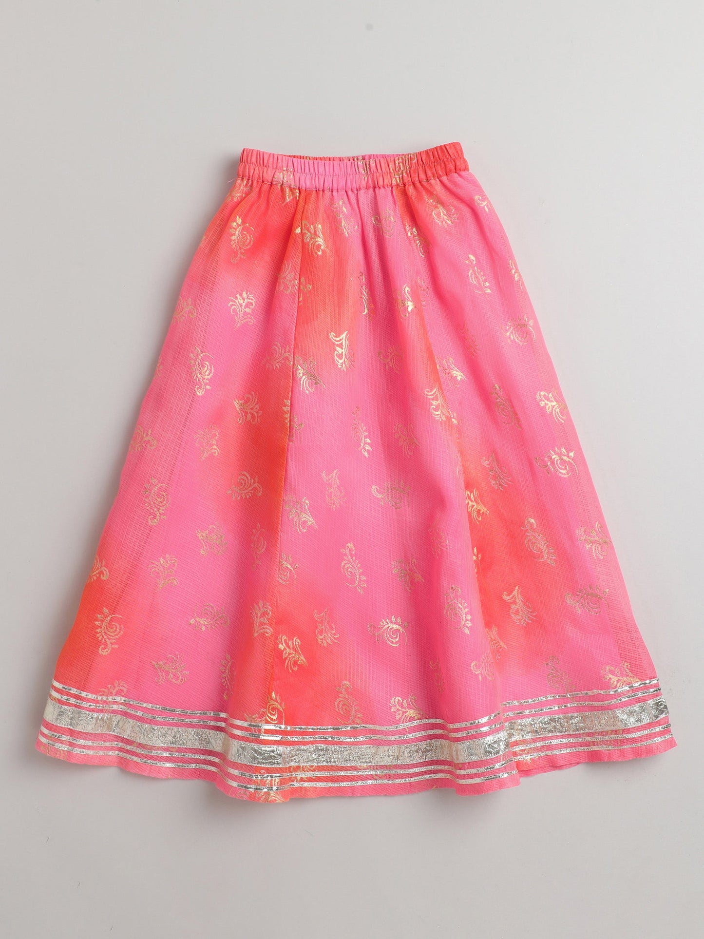The Magic Wand Kota Doriya Foil Printed Sleeveless Laced Choli With Attached Dupatta Lehenga Set For Girls Pink