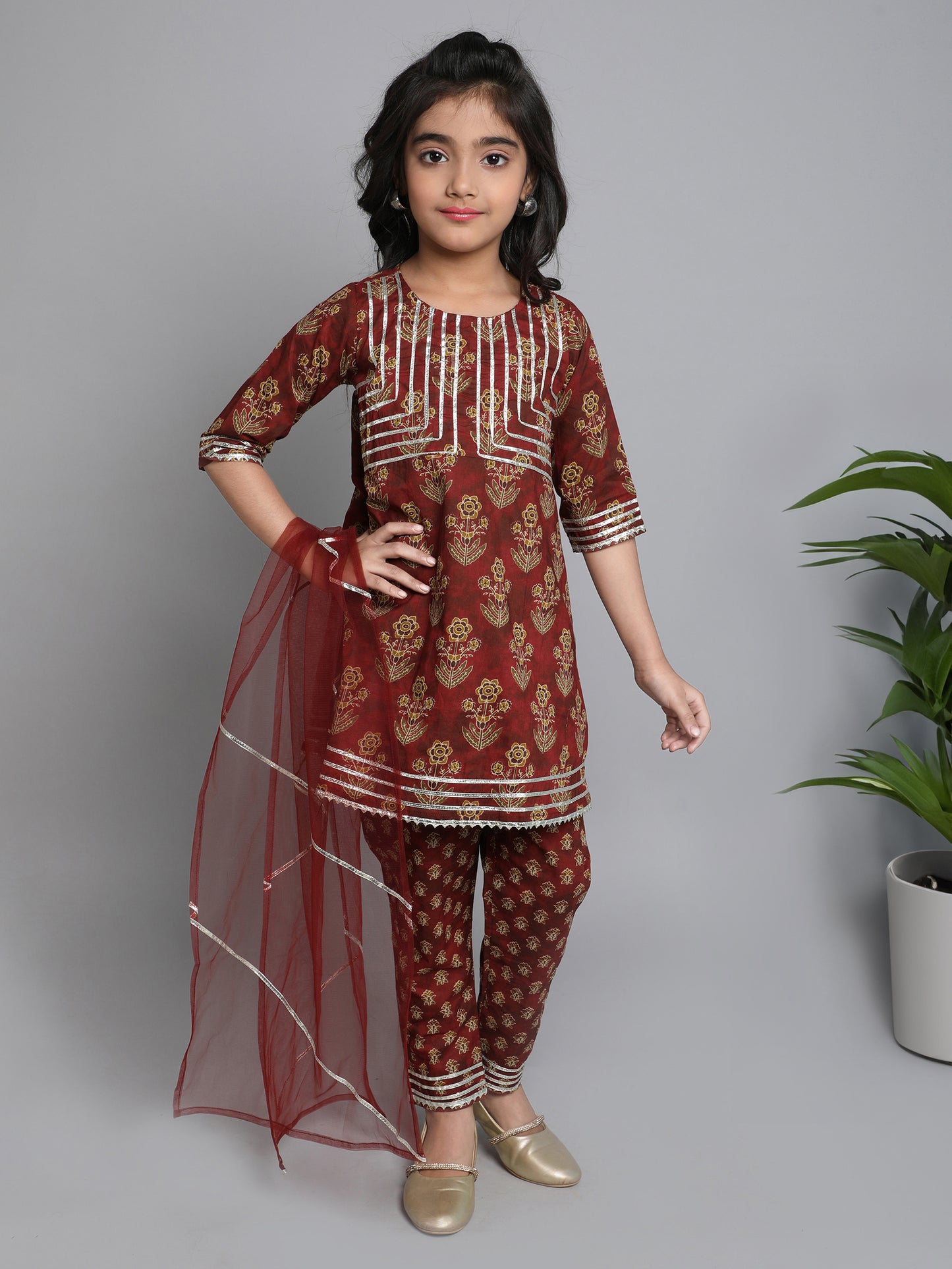 Floral Printed Elbow Sleeves Gota Lace Embelished Aline Kurta with Straight Pants With Dupatta For Girls-Maroon