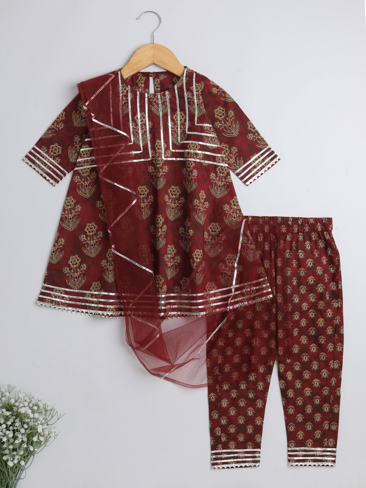 Floral Printed Elbow Sleeves Gota Lace Embelished Aline Kurta with Straight Pants With Dupatta For Girls-Maroon