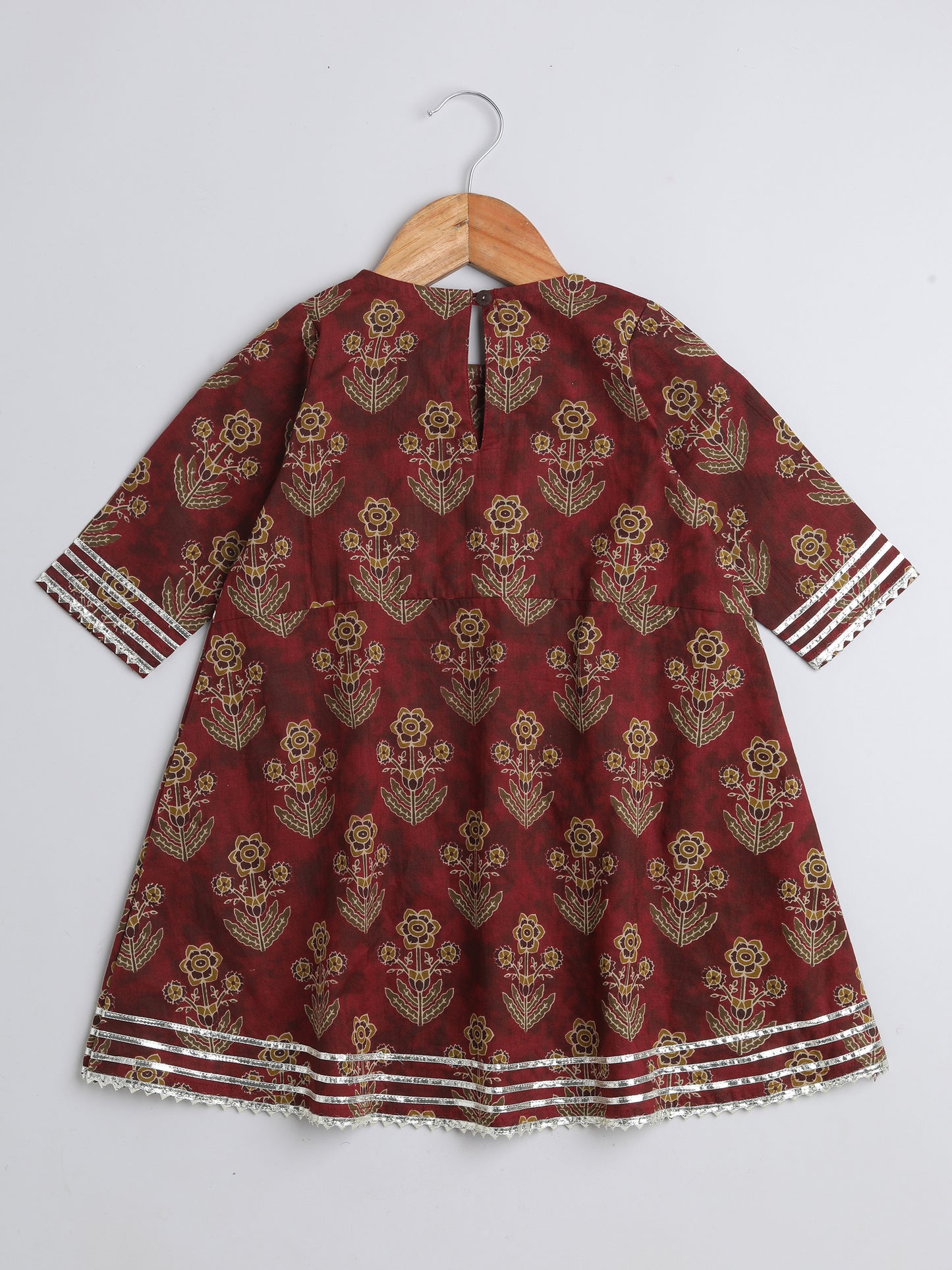 Floral Printed Elbow Sleeves Gota Lace Embelished Aline Kurta with Straight Pants With Dupatta For Girls-Maroon