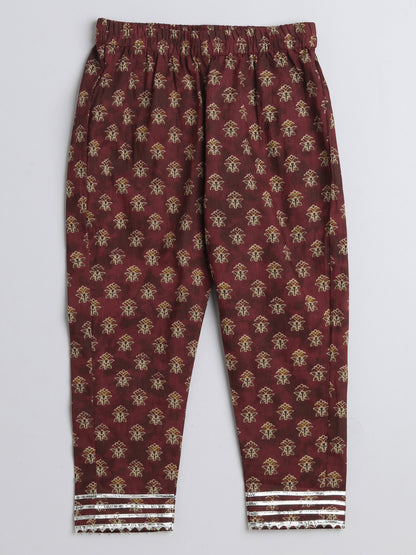 Floral Printed Elbow Sleeves Gota Lace Embelished Aline Kurta with Straight Pants With Dupatta For Girls-Maroon