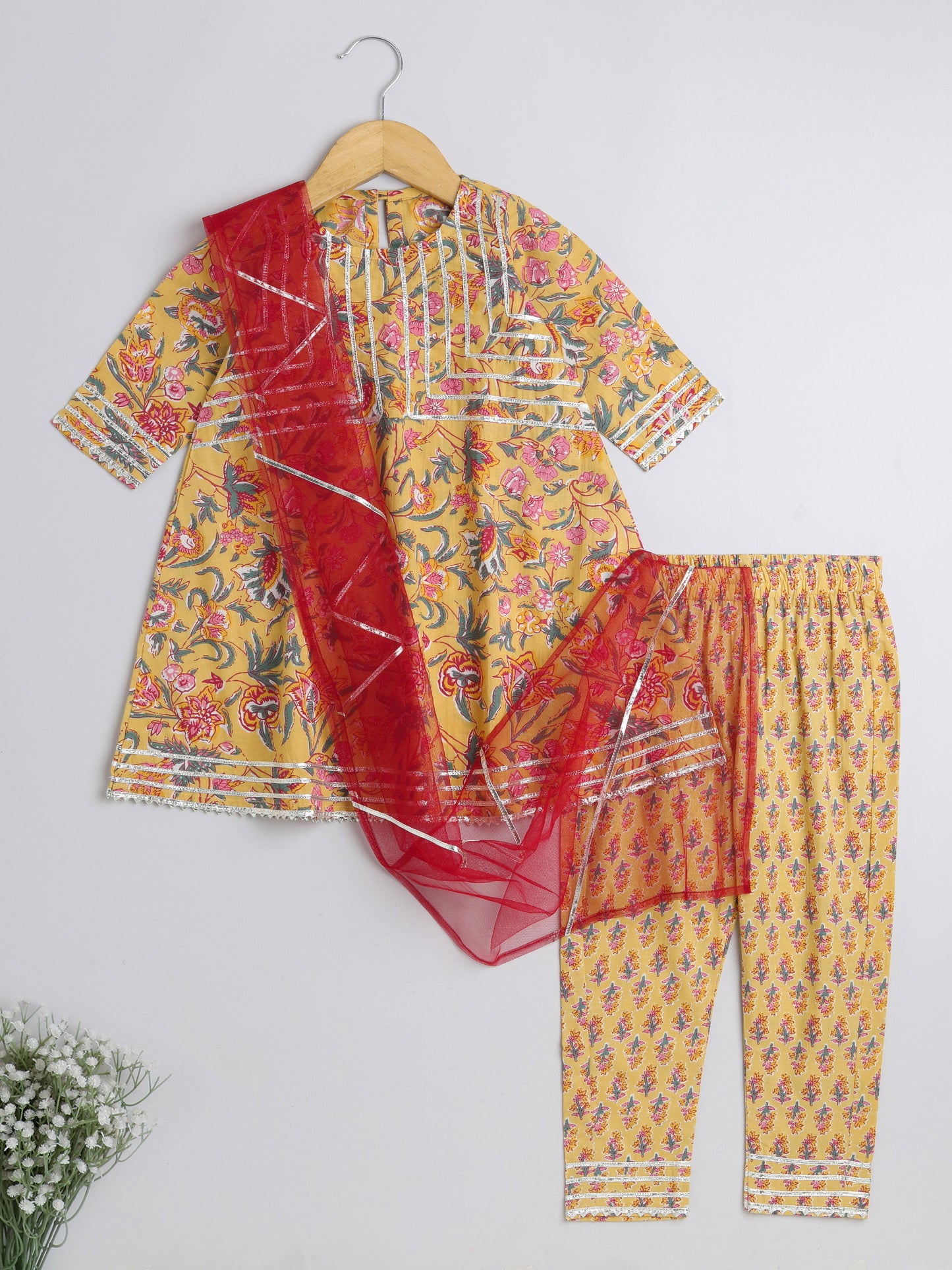 Floral Printed Elbow Sleeves Gota Lace Embelished Aline Kurta with Straight Pants With Dupatta For Girls-Yellow
