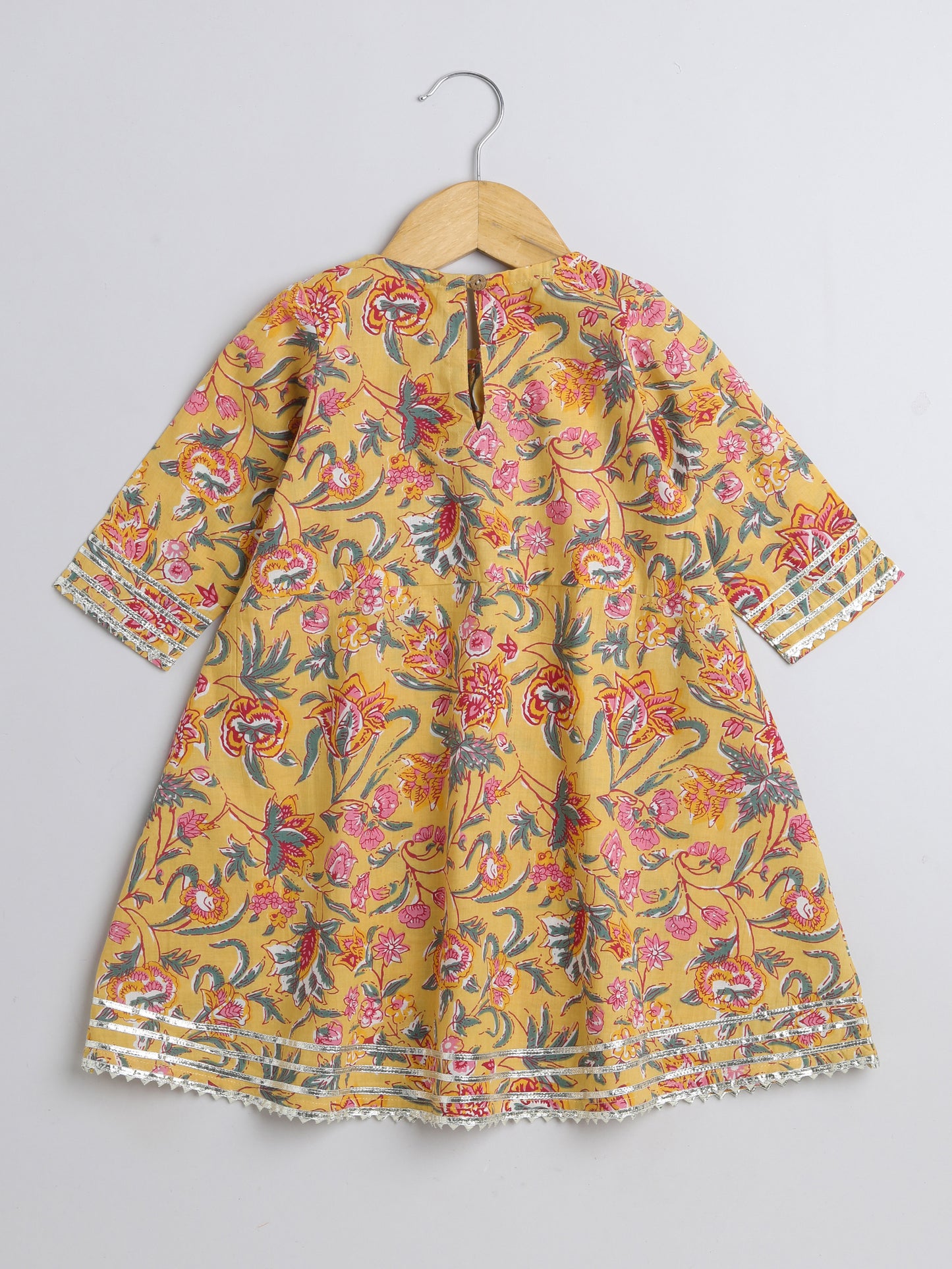 Floral Printed Elbow Sleeves Gota Lace Embelished Aline Kurta with Straight Pants With Dupatta For Girls-Yellow