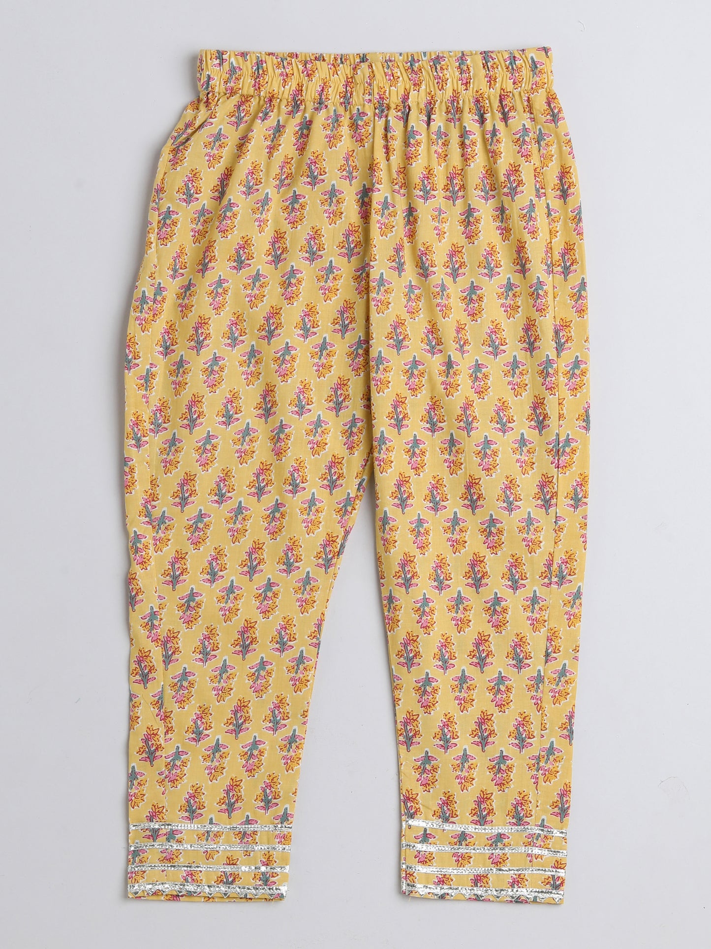 Floral Printed Elbow Sleeves Gota Lace Embelished Aline Kurta with Straight Pants With Dupatta For Girls-Yellow