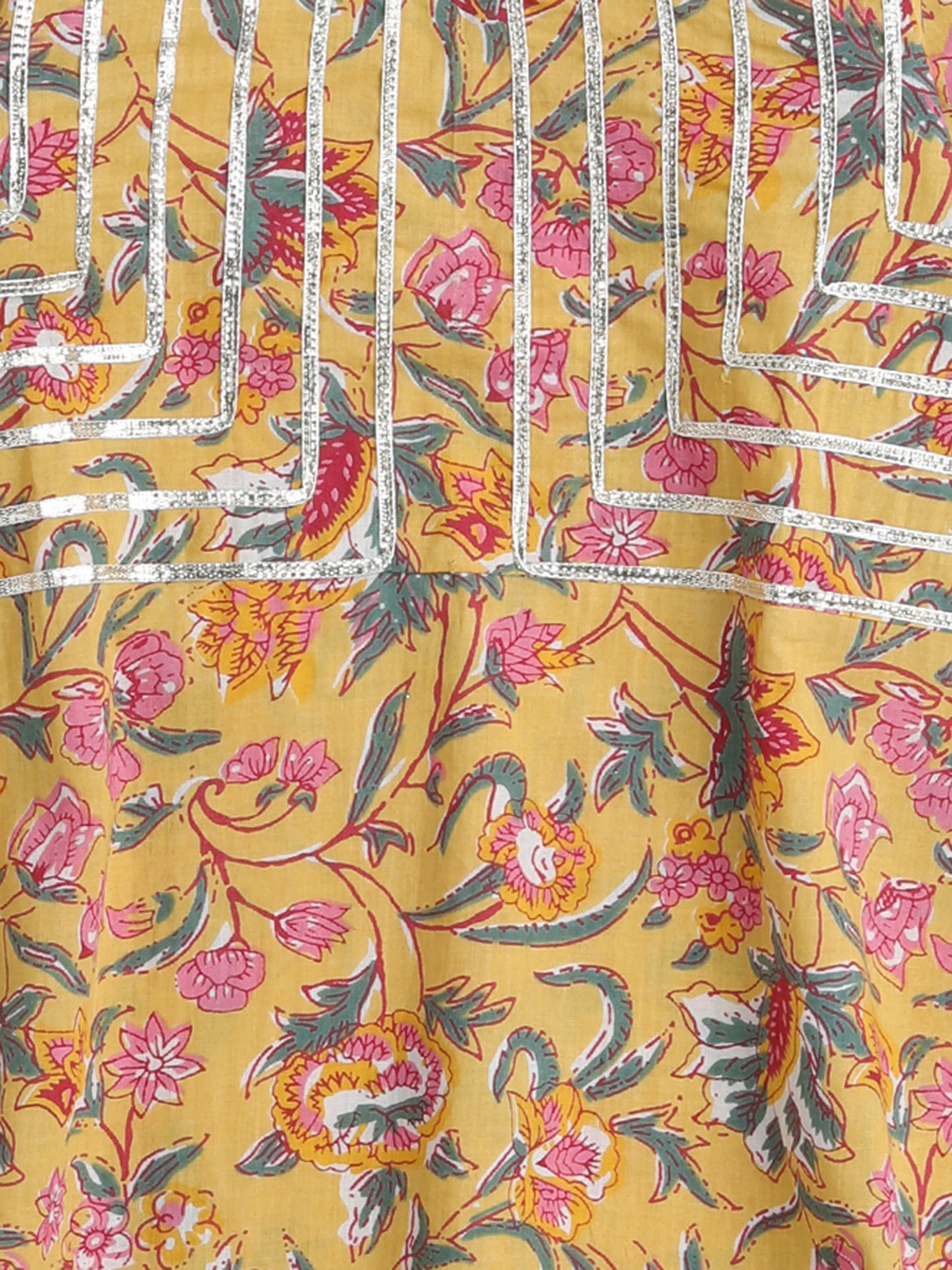 Floral Printed Elbow Sleeves Gota Lace Embelished Aline Kurta with Straight Pants With Dupatta For Girls-Yellow