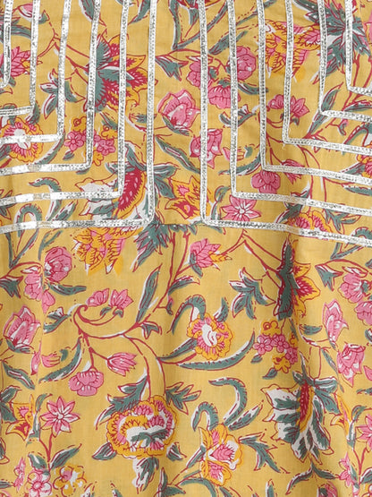 Floral Printed Elbow Sleeves Gota Lace Embelished Aline Kurta with Straight Pants With Dupatta For Girls-Yellow
