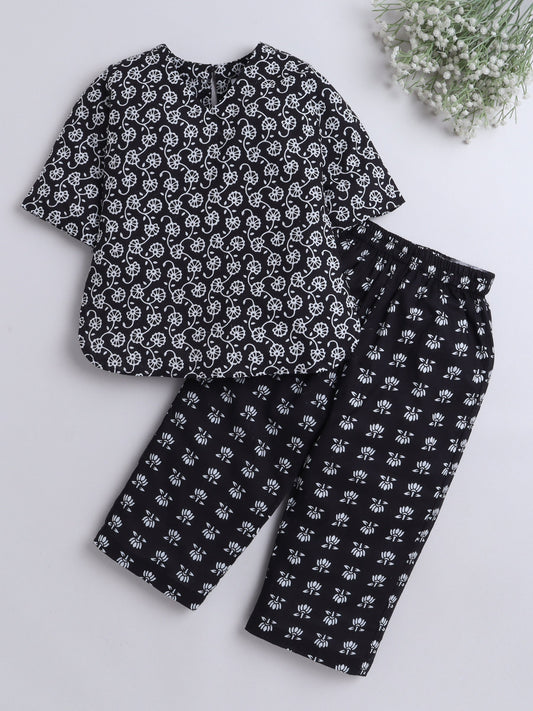 The Magic Wand 3/4th Sleeves Floral Printed Loungewear Set Black