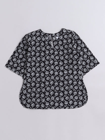 The Magic Wand 3/4th Sleeves Floral Printed Loungewear Set Black