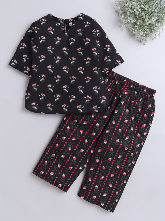 3/4th Sleeves Floral Printed Loungewear Set Black