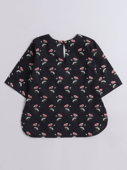 3/4th Sleeves Floral Printed Loungewear Set Black