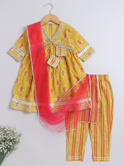 Ikat Printed Short Sleeve Tassled Gathered Aliya Cut Kurta with Straight Pants With Dupatta-Mustard