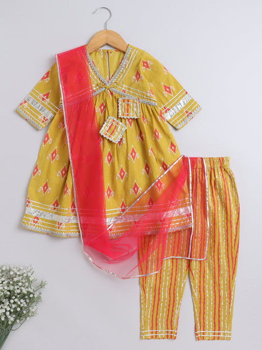Ikat Printed Short Sleeve Tassled Gathered Aliya Cut Kurta with Straight Pants With Dupatta-Mustard