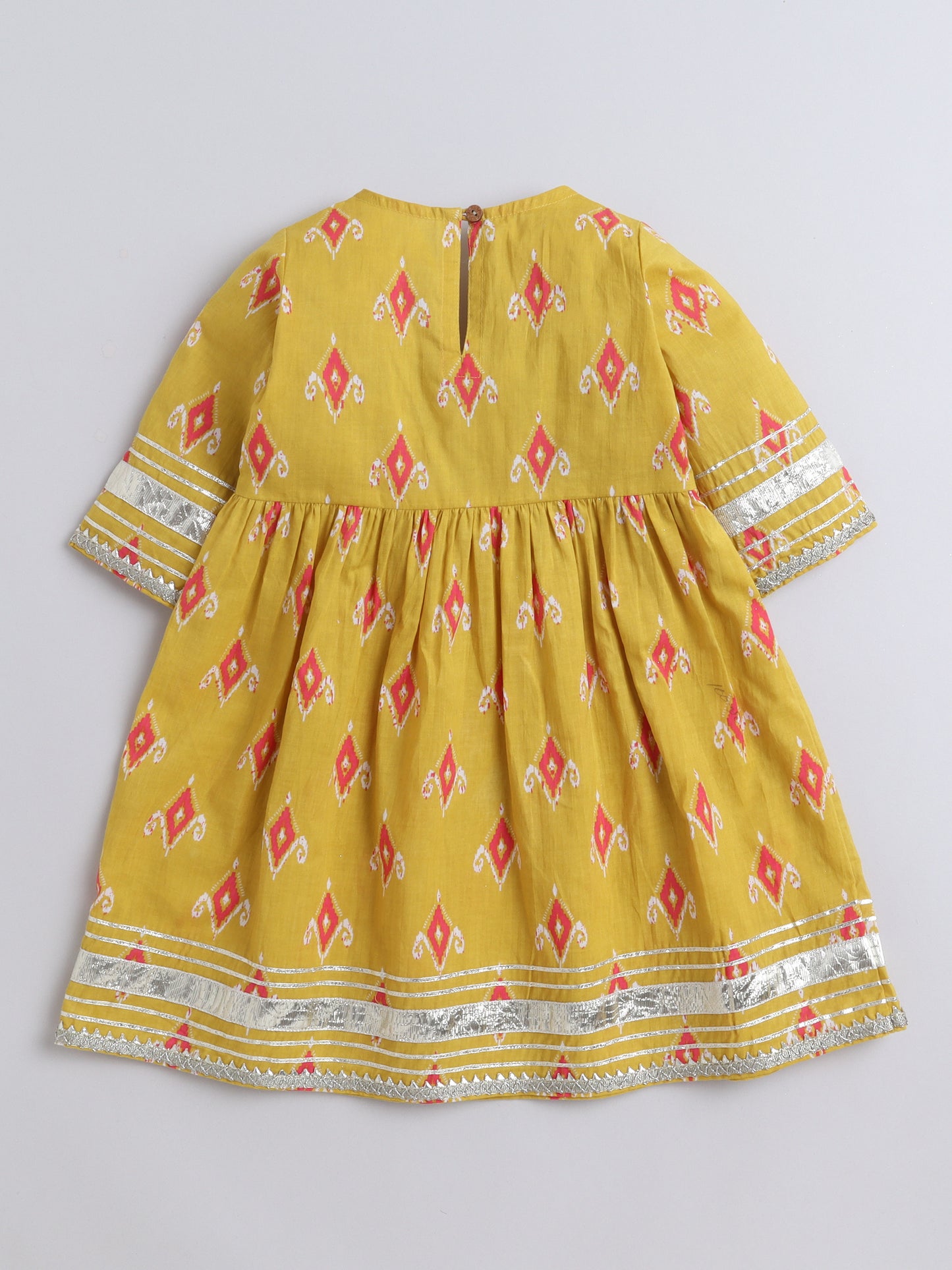 Ikat Printed Short Sleeve Tassled Gathered Aliya Cut Kurta with Straight Pants With Dupatta-Mustard