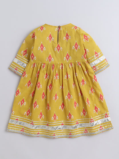 Ikat Printed Short Sleeve Tassled Gathered Aliya Cut Kurta with Straight Pants With Dupatta-Mustard