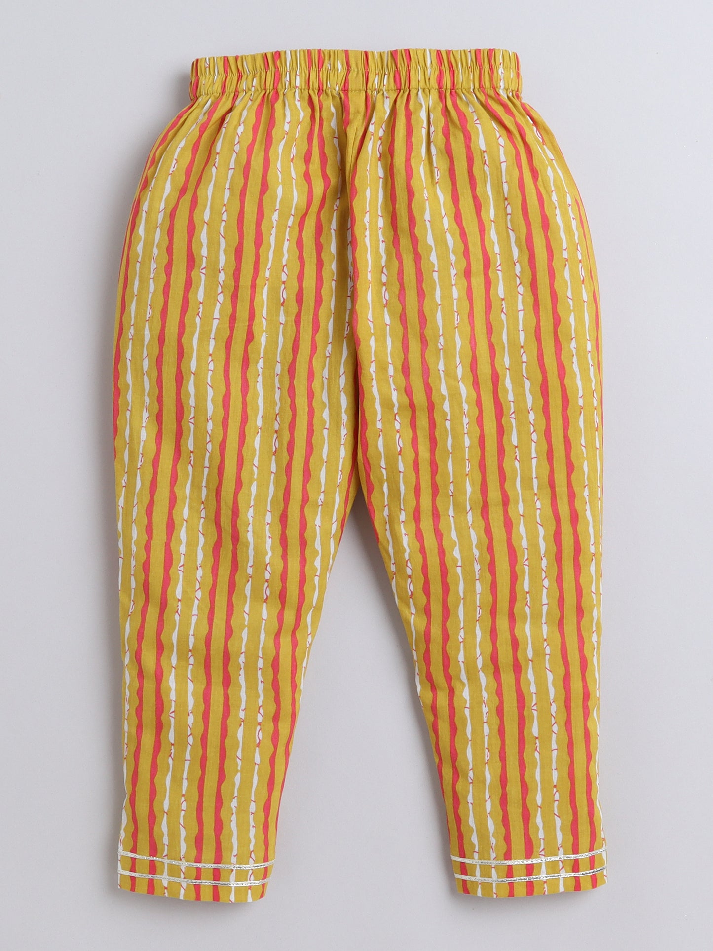Ikat Printed Short Sleeve Tassled Gathered Aliya Cut Kurta with Straight Pants With Dupatta-Mustard