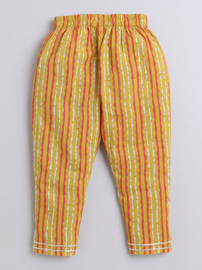 Ikat Printed Short Sleeve Tassled Gathered Aliya Cut Kurta with Straight Pants With Dupatta-Mustard