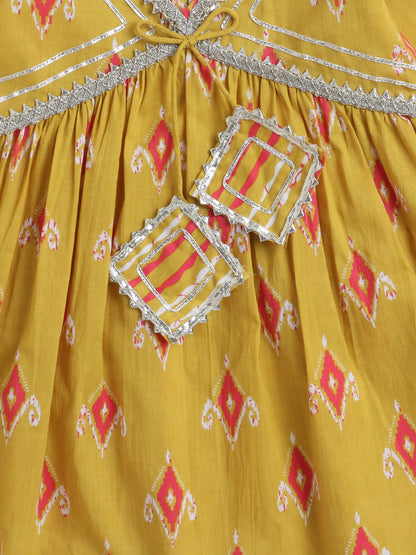 Ikat Printed Short Sleeve Tassled Gathered Aliya Cut Kurta with Straight Pants With Dupatta-Mustard