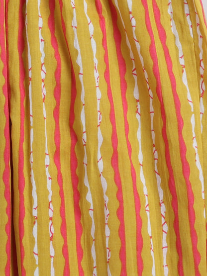 Ikat Printed Short Sleeve Tassled Gathered Aliya Cut Kurta with Straight Pants With Dupatta-Mustard