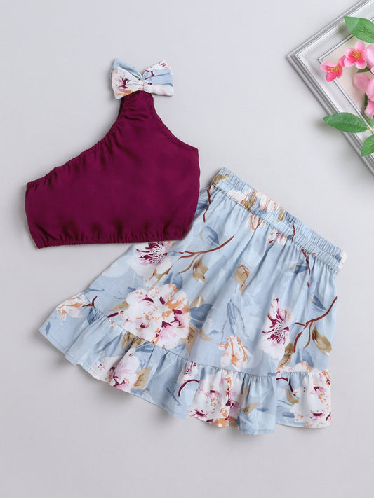 The Magic Wand One Shoulder Top With Bow  and Floral Printed Ruffle Skirt Set Magenta Magenta