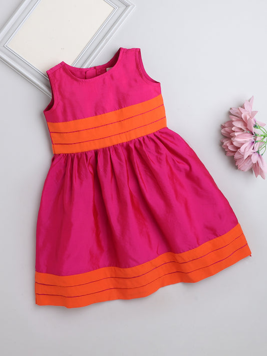 Sleeveless Cotrast Hem Fit & Flare Party Dress For Girls Fuchsia